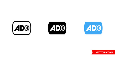 Audio description icon of 3 types color, black and white, outline. Isolated vector sign symbol.