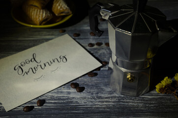 Cake still life with cup of coffee highlighted of sunlight