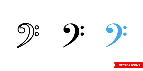Bass clef icon of 3 types color, black and white, outline. Isolated vector sign symbol.