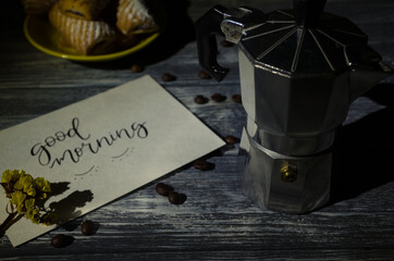 Cake still life with cup of coffee highlighted of sunlight