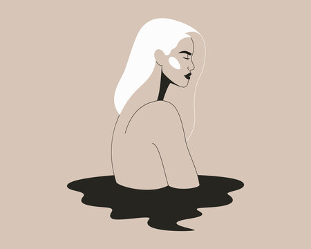 recommend clip art: Young Woman silhouette with long hair in simple minimal linear style. Side view beautiful sad female stands in water isolated from background. Vector fashion illustration