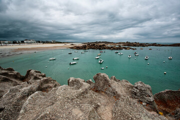 Scenery in Brittany France with the Ocean and different types of Boats