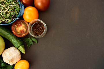 Vegetables dark background with copy space. Healthy meal. Menu, price background