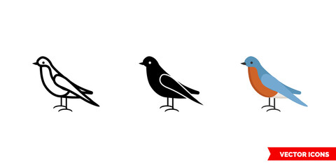 Bluebird icon of 3 types color, black and white, outline. Isolated vector sign symbol.