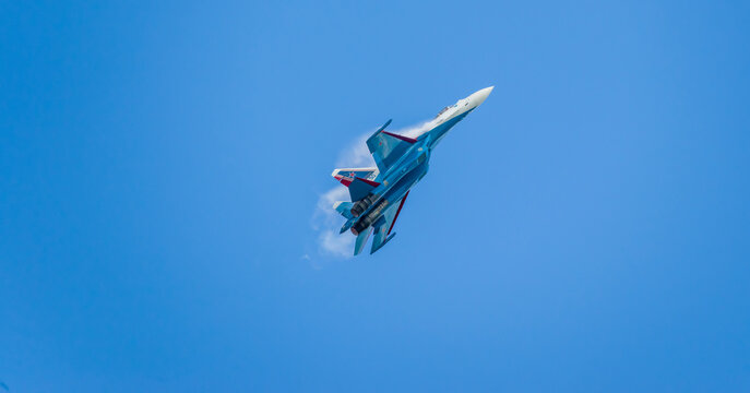 Kubinka, Moscow Region, Russia - August 30, 2020: Su-30SM NATO code name: Flanker-C jet fighter of the Russian knights