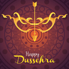 happy dussehra festival, golden arrow and arch with mandala on background vector illustration design