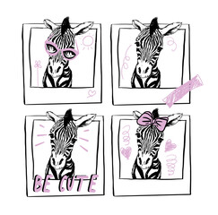 illustration with baby zebras in polaroid frames graphic style with doodle symbols. perfect for t shirt print, postcard, poster and etc.