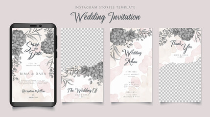 Instagram stories template wedding invitation with watercolor floral background