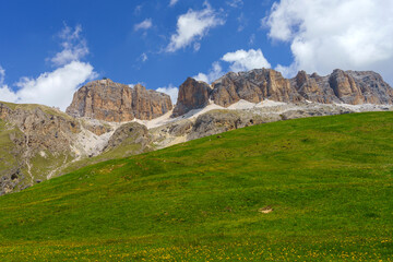 Mountain landscape along the road to Pordoi pass, Dolomites