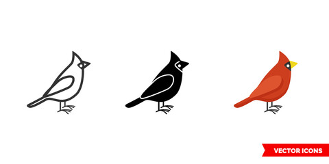 Cardinal bird icon of 3 types color, black and white, outline. Isolated vector sign symbol.