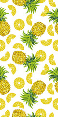 Vector pattern with pineapples and slices on white background.