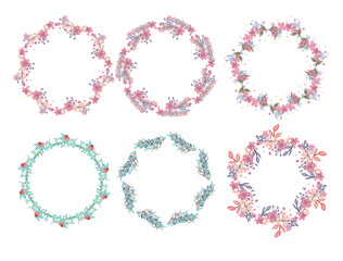 Beautiful set of hand-drawn wreath of green-yellow-red-pink-purple-blue pastel-colored floral on white background