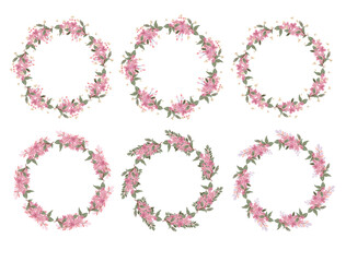 Beautiful set of hand-drawn wreath of green-yellow-red-pink-purple-blue pastel-colored floral on white background