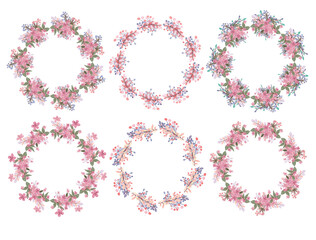 Beautiful set of hand-drawn wreath of green-yellow-red-pink-purple-blue pastel-colored floral on white background