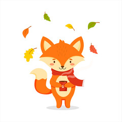 Obraz premium Cute cartoon fox in a scarf with a mug of tea or coffee. Autumn design for postcards.