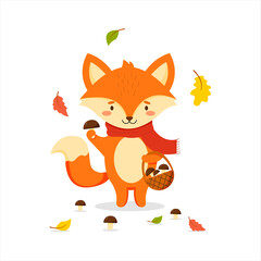 A cute cartoon fox in a scarf picks mushrooms. Autumn design for postcards.