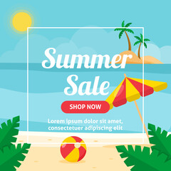 Summer sale banner with beach, sea and islands. Vector flat illustration.