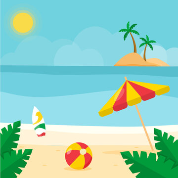 Beach, sea and palm trees. Vector flat illustration. Summer background design