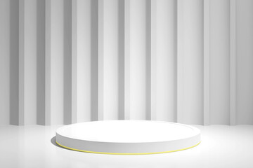 Gray cylinder podium pedestal with gold edging against a raised wall with LED lighting. 3D Rendering. Podium platform for product presentation, cosmetics. Pedestal mockup. Front view. Minimal concept