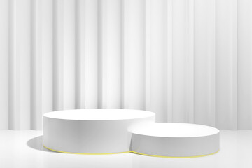 Two gray cylinder podium pedestal with gold edging against raised wall with LED lighting. 3D Rendering. Podium platform for product presentation, cosmetics. Pedestal mockup Front view Minimal concept