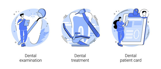 Dental care service abstract concept vector illustration set. Dental examination and treatment, patient card, oral test, dentist chair, toothache emergency help, orthodontic abstract metaphor.