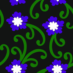 Pattern of flowers and curlicues on a black background