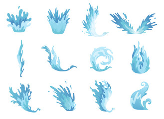 Water splashes. Blue water waves set, wavy liquid symbols of nature in motion. Isolated vector design elements