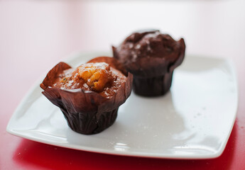 chocolate muffin on a plate
