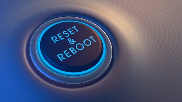 Blue glowing reset and reboot button on metallic background. 3D rendering