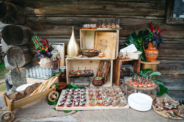 Full view of delicious snack bar in authentic village style with old fashioned decoration. Table catering with tasty food, appetizers, delicatessen. Concept of simple recipes and restaurant cooking.