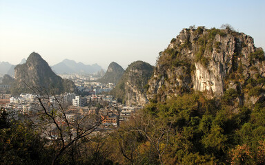 Mt Diecai in Guilin, Guangxi Province, China. This is view from the path to the summit of Mt Diecai. The city of Guilin is surrounded by karst mountains.