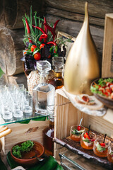 Front view of catering on wedding celebration. Buffet at restaurant before grand opening. Delicious appetizer for free. Luxury all inclusive, rich people on vacation. Concept of tasty food, keto diet