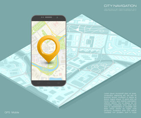Isometry City map route navigation smartphone, phone point marker, road drawing schema, isometric city plan GPS navigation tab, itinerary destination arrow paper city map. Route isometric check point
