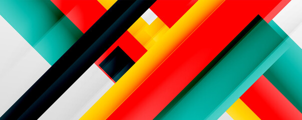 Geometric abstract backgrounds with shadow lines, modern forms, rectangles, squares and fluid gradients. Bright colorful stripes cool backdrops