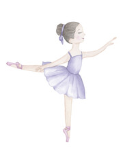 Cute ballerina in a lilac tutu. Watercolor drawing isolated on white background