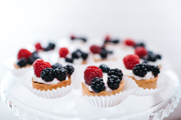 Close up of delicious tartlets decorated with blackberry and raspberry on white background. Tasty sweet bakery on wedding buffet. Masterclass of pattiesery, keto diet. Concept of weight and calories.