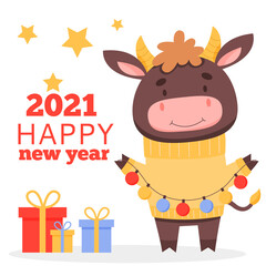 Cute bull with a Christmas gift in a scarf. Symbol of 2021. New Year and Christmas design. Vector flat illustration in cartoon style.Greeting card.