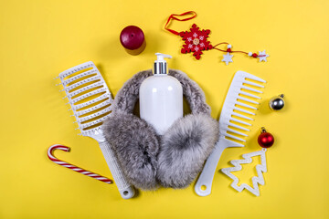 Composition of  hair care cosmetics. Winter cosmetic christmas makeup product set.