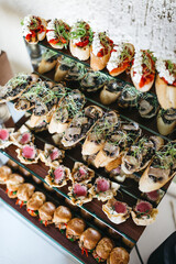 Front view of big assortment of salty appetizers on wedding. Delicious canapes, rolls, baguettes...