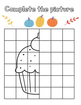 Educational game for children. Complete the picture of a Halloween spooky cupcake with pumpkin. Copy the picture. Coloring book. Printable worksheet.