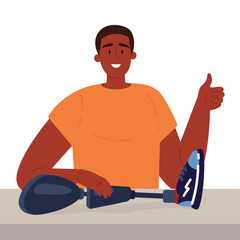 Disabled man presents a prosthesis.African American guy with artificial limb isolated cartoon character on white background.Advertising concept.Vector flat style cartoon illustration.