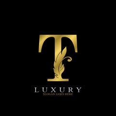 Golden Luxury Feather Initial Letter T Logo Icon, creative alphabet vector design concept