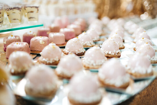 Close up of delicious mousse desserts and cupcakes. Master class of cooking. Restaurant serving for wedding party, candy bar. Tasty pale pink patisserie. Concept of healthy sweets and keto diet.