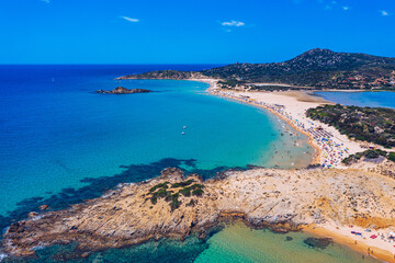 Panorama of the wonderful beaches of Chia, Sardinia, Italy. View of beautiful Chia bay and...