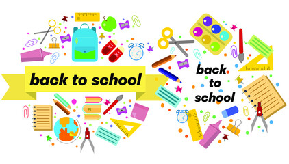 Back to school! Cute vector illustrations for a poster, banner or card with objects: school, schoolchildren at their desks, stationery, books, children, pen, ruler, marker, eraser 