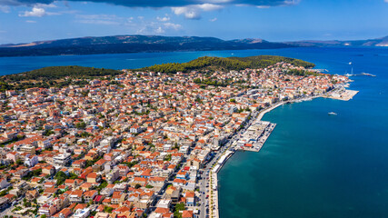 Fototapeta premium Aerial drone view of Argostoli (Argostolion), famous city and capital of Cefalonia (Kefalonia) island, Ionian islands, Greece. Argostoli town, former municipality on the island of Kefalonia, Greece.