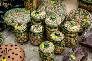 Happy colorful ceramics. Traditional Romanian handmade ceramics market at the potters fair from Sibiu, Romania