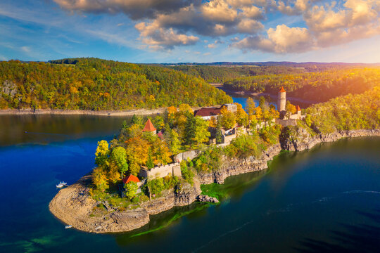 Aerial view of Zvikov castle, Czechia. Zvikov castle at the junction of the Vltava and Otava rivers, South Bohemian Region. Zvikov Castle in south of Bohemia in Czech Republic.