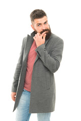 Menswear and fashion concept. Bearded and handsome. Bearded hipster stylish fashionable jacket. Man...
