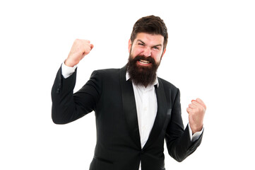 Release your inner winner and win. Happy winner isolated on white. Bearded man shout making winner gesture. Excited winner celebrate victory. Success in business. Successful applicant